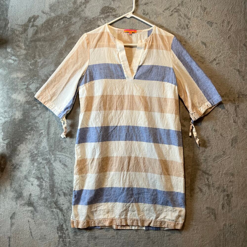Vilagallo Women’s Cotton Linen Blend Dress Size 42 (Medium) Blue Tan White